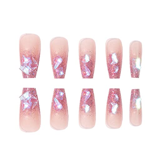 Hkanlre Press on Nails Tips Pink Coffin Fake Nails Rhinestones Full Cover Gradient False Nails Ballerina for Women and Girls 24PCS