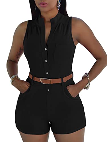 XXTAXN Women's Sexy V Neck One Piece Short And Pockets JumpSuit Belt Romper, Black, Large