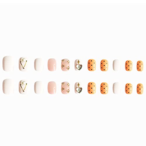 Hkanlre Press on Nails Short Square Bling Fake Nails Orange Acrylic Rhinestones False Nails for Women and Girls 24PCS