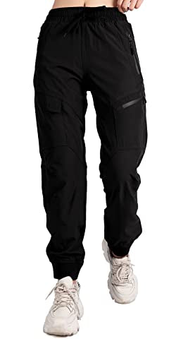 Abangoo Women's Cargo Joggers Workout Pants Outdoor Lightweight Quick Dry Athletic Travel Hiking Pants(AB08-Black-L)