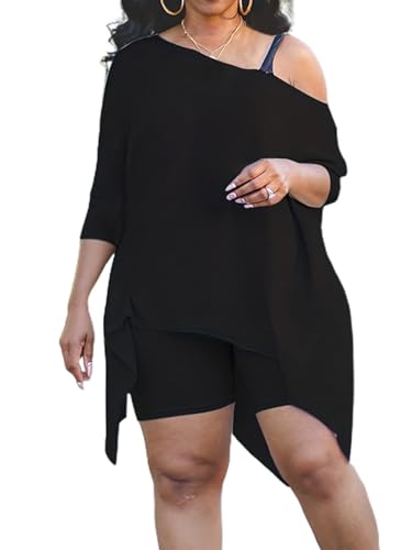 LovelyWholesale Womens Plus Size Two Piece Sets Trendy Outfits with One Shoulder Top Skinny Shorts Tracksuit Sets Black 3X-Large