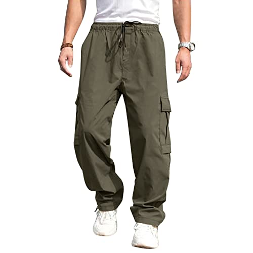 Lexiart Men's Hiking Cargo Pants Drawstring Joggers Sweatpants Work Sports Loose Fit Hiking Trousers with Pockets Green