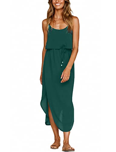 NERLEROLIAN Women's Adjustable Strappy Split Summer Beach Casual Midi Dress(molv,M) Dark Green