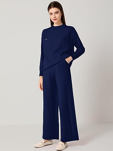 SuperPrity Cozy Knit Lounge Set 2023 Fall Trendy Mock Neck Sweater Sets Womens Plus 2 Piece Outfits Oversized Matching Pants Set Lounge Wear-2XL,Navy Blue