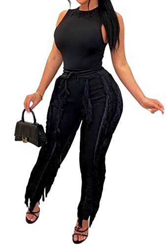 EDITCOZY Women Sleeveless 2 Piece Outfits Cropped Tank Tops High Waisted Long Fringe Pants Bodycon Club Jumpsuits Black XL