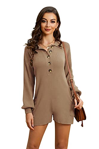 Tymidy Long Sleeve Jumpsuit for Women Knit Sweater Rompers Sexy Low Cut V Neck Button Down Fall Outfits Lounge Romper with Pockets