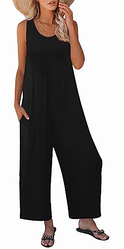 Nfsion Women's Summer Casual Loose Tank Jumpsuit Sleeveless Crewneck Long Pants Jumpsuit Romper with Pockets Large Black