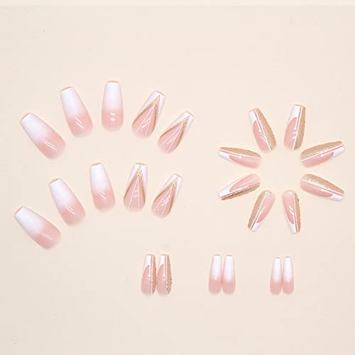 Medium Press on Nails with Designs, French Fake Nails Coffin Shape False Nails White Gold Nail Tips Gradient Artificial Nails Full Cover Glossy Stick on Nails for Women and Girls Nail Decoration 24Pcs