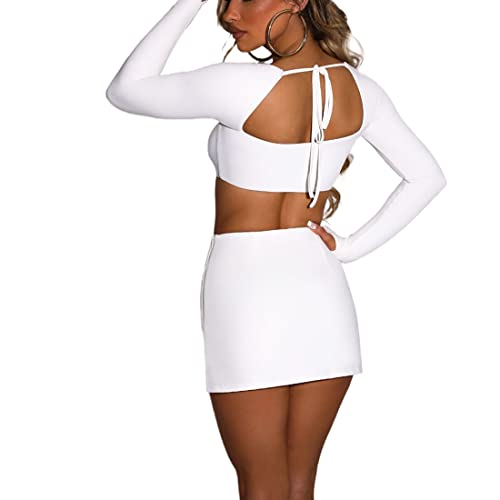 Azhong Women’s 2 Piece Set Long Sleeve Square Neck Crop Top Bodycon Mini Club Party Skirt Set