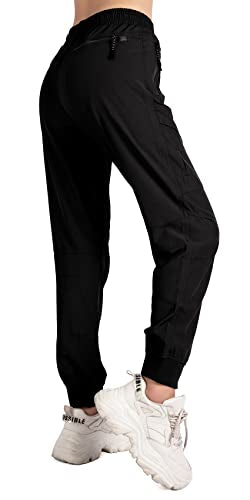 Abangoo Women's Cargo Joggers Workout Pants Outdoor Lightweight Quick Dry Athletic Travel Hiking Pants(AB08-Black-L)