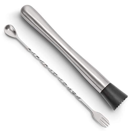 Hiware 10 Inch Stainless Steel Cocktail Muddler and Mixing Spoon Home Bar Tool Set - Create Delicious Mojitos and Other Fruit Based Drinks