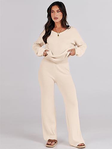 ANRABESS Women's Two Piece Outfits Sweater Sets Long Sleeve Knit Pullover and Wide Leg Pants Lounge Sets 2023 Fall Fashion Clothes Tracksuit Sweatsuit Set B1165kaqi-S