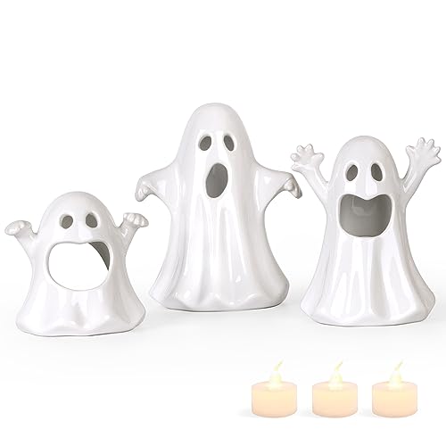 Sunlit Ceramic Ghost with 3 Tea Lights, Spooky Candle Holder Set of 3, Tabletop Indoor Halloween Decorations for Holiday Party Home, White