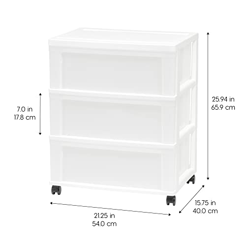 IRIS USA Plastic 3 Drawer Wide Storage Drawer Cart with 4 Caster Wheels for Home, White, Set of 1