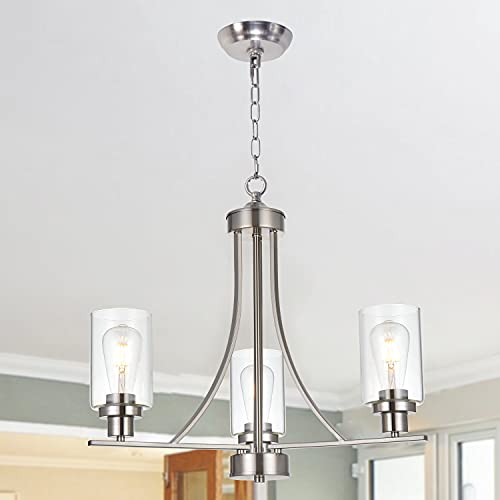 BONLICHT Contemporary Chandelier 3 Light Brushed Nickel Modern Lighting Fixtures Hanging Clear Glass Shades Pendant Light Classic Ceiling Lamp for Kitchen Dinging Room Living Room Bedroom Hallway