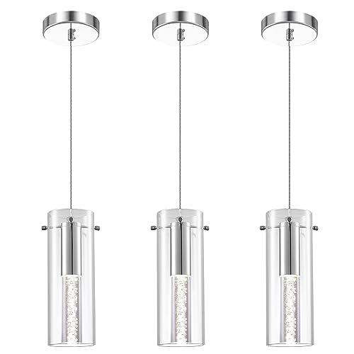 PINDODO Led Pendant Light,Pendant Lighting for Kitchen Island 3 Pack,Brushed Nickel Glass Haning Lights with Bubble Crystal for Kitchen Dining Room Cafe Bar Restaurant 4000K 7W