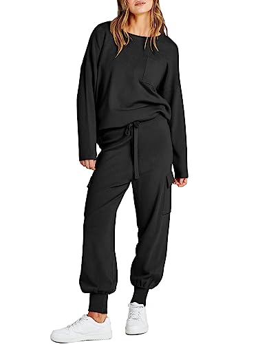 Caracilia Women's Two Piece Lounge Set Fall Outfits Loose Long Sleeve Knit Pullover Top Casual Cargo Pants with Pockets Sweater Sweat Sets 2023 Fall Winter Clothes C115A6-heise-L Black