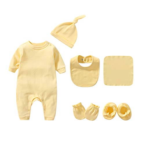 Baby Orangic Cotton Jumpsuit Comfort Christening Clothes Romper+Bib+Hat+Gloves+Shoes+Napkin for 0-3 Month Infant