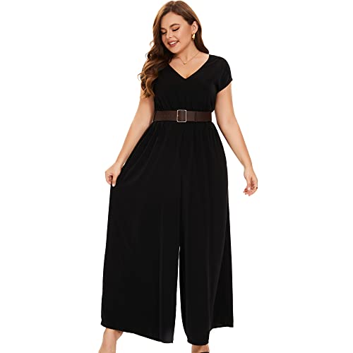 Tanmolo Jumpsuits For Women Dressy Deep V-neck Plus Size Long Romper Classy Pantsuits Wide Leg Jumpsuit,Black,0XL