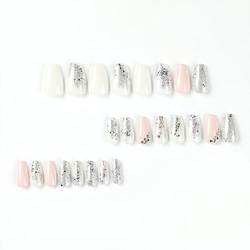 Silver Glitter Press on Nails Medium Square Fake Nails with Rhinestones Design Glossy Pink White Artificial False Nails for Women Girls DIY Manicure Decoration Reusable Stick on Nails Glue on Nails