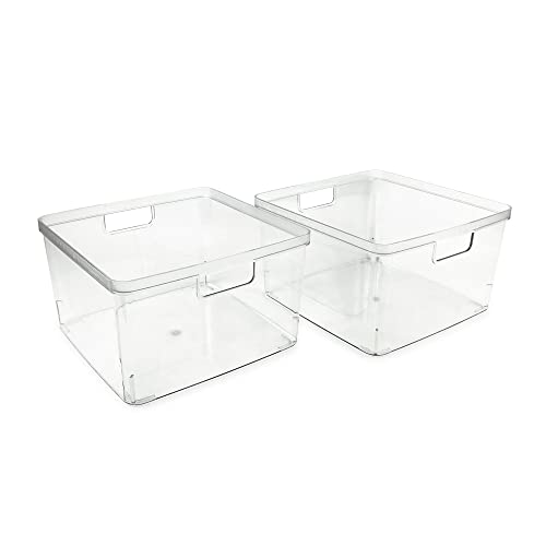 Isaac Jacobs 2-Pack Square Clear Storage Bins (10” L x 10” W x 6.1” H) w/Cutout Handles, Plastic Organizer for Home, Office, Kitchen, Fridge/Freezer, Bathroom, BPA Free, Food Safe (2-Pack, Square)
