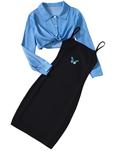 OYOANGLE Girl's 2 Piece Outfit Butterfly Patched Cami Dress with Long Sleeve Button Down Crop Shirt Set Blue and Black 10Y