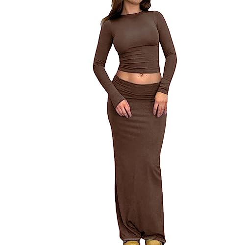 Women Sexy 2 Piece Maxi Skirt Set Long Sleeve Shirt Top Long Skirt Y2K 2 Piece Outfits Skirt Going Outing(Long Sleeve Brown Sets,S)