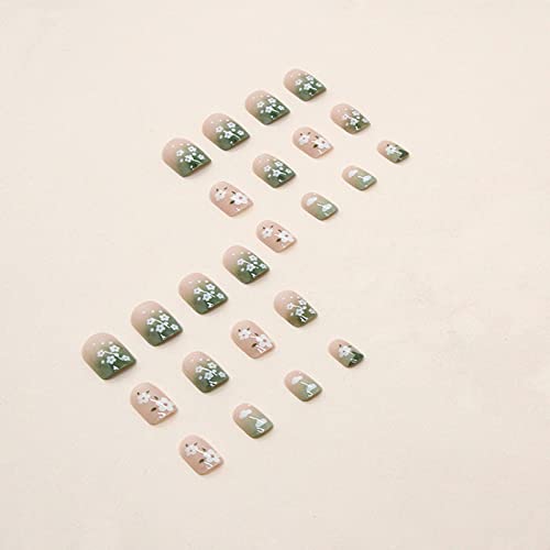 Green Press on Nails Short Square Fake Nails Small Flower False Nails with Designs Cute Cloud Floral Acrylic Nails Full Cover Glossy Stick on Nails Spring Summer Glue on Nails for Women Girls Manicure