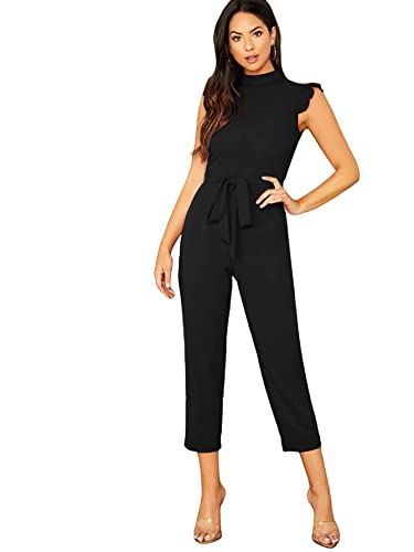 WDIRARA Women's Sleeveless Mock Neck Ruffle Trim Belted Cropped Jumpsuit Romper Black L