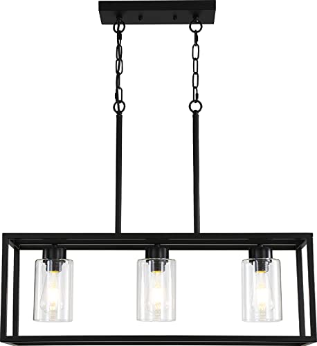 Black 3-Light Dining Room Light Fixture, Modern Farmhouse Chandeliers, Linear Rectangular Kitchen Island Lighting, Industrial Vintage Pendant Lighting with Clear Glass Shade Height Adjustable