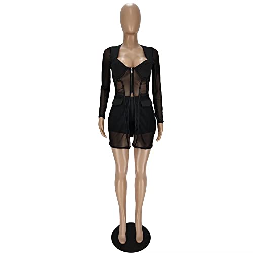 Sexy Two Piece Outfits for Women Mesh See Through Patchwork Tops Bodycon Shorts Rompers Party Club Tracksuit Black XL