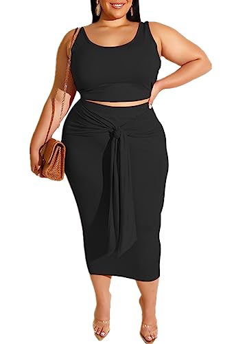 MRSFITOK Plus Size Women 2 Piece Outfits Sets Sexy Tracksuit Midi Dress,Sleeveless Tank Top Bodycon Skirts Set Casual Summer Black XL