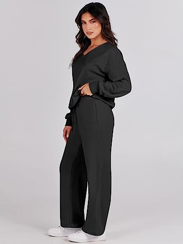 Caracilia 2 Piece Outfits for Women 2023 Casual Loungewear Sets Matching Crop Top and Wide Leg Pants Travel Fashion Clothes Comfy Sweatsuits C80A4-heise-M