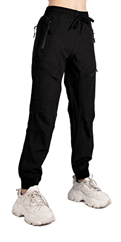 Abangoo Women's Cargo Joggers Workout Pants Outdoor Lightweight Quick Dry Athletic Travel Hiking Pants(AB08-Black-L)