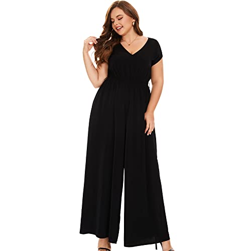 Tanmolo Jumpsuits For Women Dressy Deep V-neck Plus Size Long Romper Classy Pantsuits Wide Leg Jumpsuit,Black,0XL