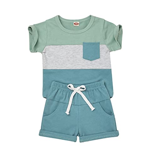 KAFIREN Toddler Boy Clothes 3T Little Boys Clothes Summer Outfits Short Sleeve Patchwork Top T-shirt Pocket Pants Light Green Boy Set 3-4T/100cm