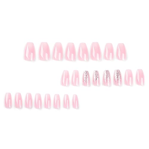 Press on Nails Medium Coffin Fake Nails with Bling Glitter Designs Pink Acrylic Nails Glossy Glue on Nails Cute Stick on Nails Medium Length Press on Nails Reusable Artificial Nails for Women Girls