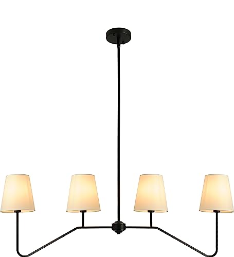 4-Light Linear Chandeliers for Dining Room, 43.3'' Black Kitchen Island Lighting, Modern Classic Pendant Lighting Fixture with White Linen Shades for Dining Room Living Room Kitchen Island (E12 Base)