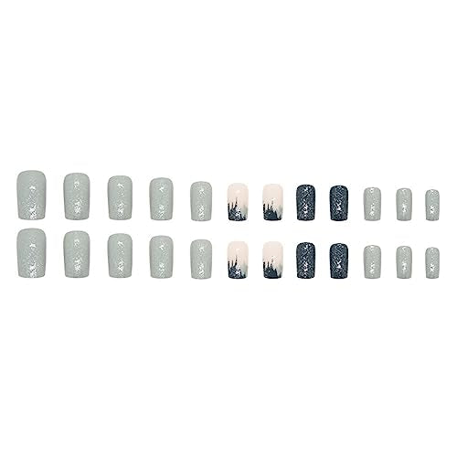 Diduikalor 24 Pcs Short Square Press on Nails Squoval Fake Nails Glossy Glue on Nails Blue Glitte Artificial Acrylic Nails Gradient Stick on Nails for Women Girls