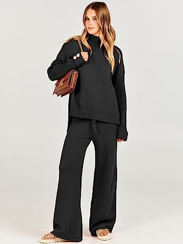 ANRABESS Women's Two Piece Outfits Sweater Sets Long Sleeve Knit Pullover and Wide Leg Pants Lounge Sets 2023 Fall Fashion Clothes Tracksuit Sweatsuit Set Black B1022heise-S