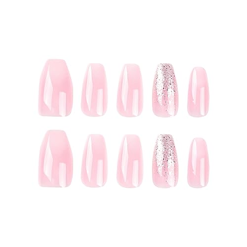 Press on Nails Medium Coffin Fake Nails with Bling Glitter Designs Pink Acrylic Nails Glossy Glue on Nails Cute Stick on Nails Medium Length Press on Nails Reusable Artificial Nails for Women Girls