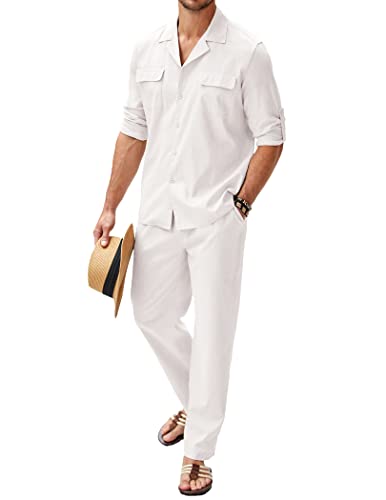 COOFANDY Men's White Linen Suit 2 Piece Outfits Long Sleeve Button Down Shirt and Casual Beach Pants With Pockets