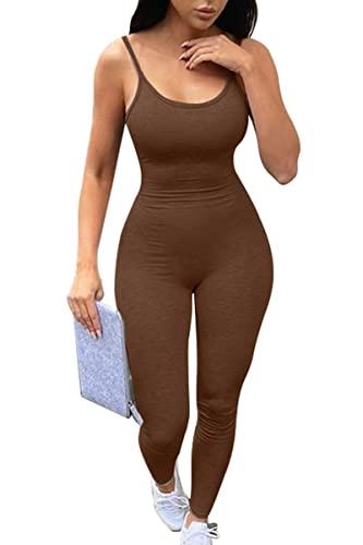 UPCPY Women's Sexy Sleeveless Spaghetti Strap Bodycon Party Club One Piece Rompers Jumpsuit Coffee L