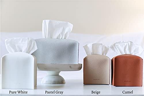 Tissue Box Cover Holder, Square with Bottom Belt by Carrot's Den - PU Leather Decorative Organizer for Tabletop, Bathroom, Car, Office | Beige