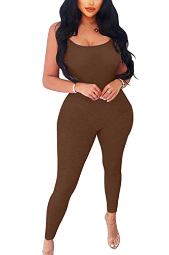 UPCPY Women's Sexy Sleeveless Spaghetti Strap Bodycon Party Club One Piece Rompers Jumpsuit Coffee L