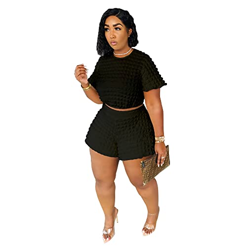 Women's Bubble 2 Piece Outfits Oversized Short Sleeve Crop Tops Elastic Waist Shorts Sets Jumpsuit Black