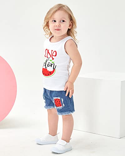 Mikrdoo Toddler Girl Summer Outfits Sleeveless Watermelon Tank Top + Denim Shorts Clothing Set (12-18 Months, White)