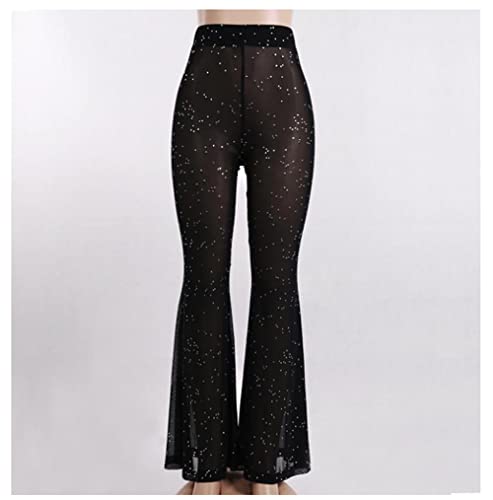 Women's Rave Sheer Mesh Sparkly Pants Bell Bottom Rave Outfit Clothes for Festival Dance Clubwear Black