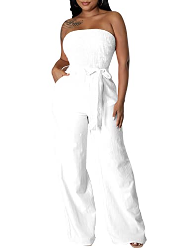 LightlyKiss Women's Casual Sleeveless Tight Jumpsuit Elegant And Fashionable Pleated Long Pants Rompers White