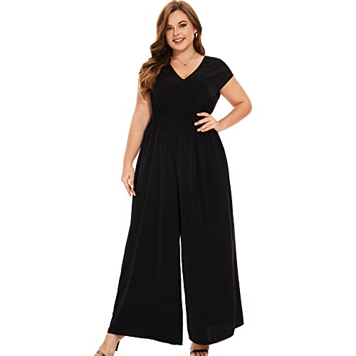 Tanmolo Jumpsuits For Women Dressy Deep V-neck Plus Size Long Romper Classy Pantsuits Wide Leg Jumpsuit,Black,0XL